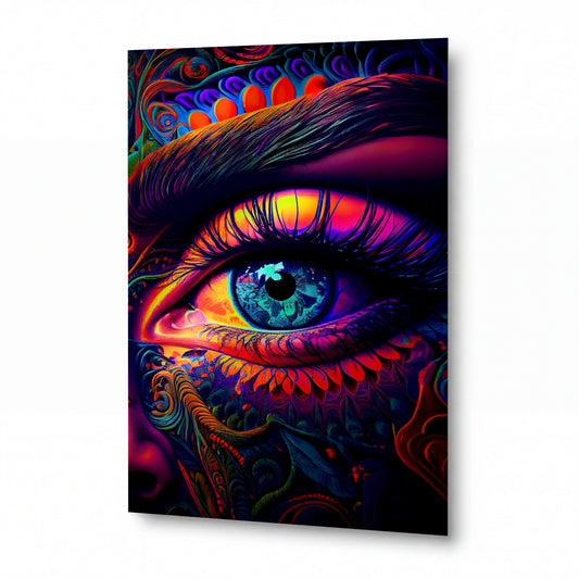 Obraz Oko v psychedelických vlnách duhy — kovový obraz na hliníkovém panelu s vysokým leskem
