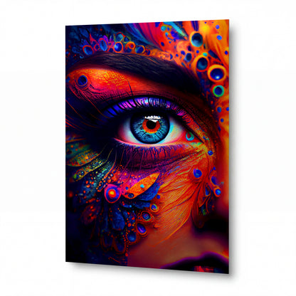 Obraz Oko v psychedelických vlnách páví ornamentiky — kovový obraz na hliníkovém panelu s vysokým leskem