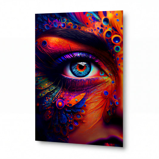 Obraz Oko v psychedelických vlnách páví ornamentiky — kovový obraz na hliníkovém panelu s vysokým leskem