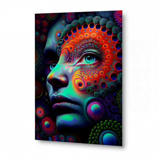 Obraz Psychedelický portrét s fraktálními ornamenty — kovový obraz na hliníkovém panelu s vysokým leskem