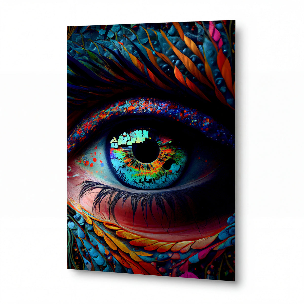 Obraz Duhovka s opeřeným rámem — kovový obraz na hliníkovém panelu s vysokým leskem