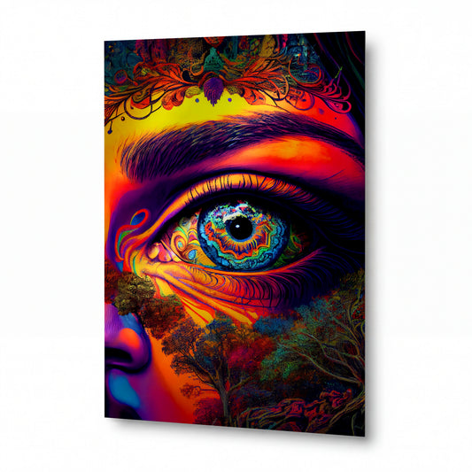 Obraz Psychedelické oko s barevnými ornamentálními vzory — kovový obraz na hliníkovém panelu s vysokým leskem