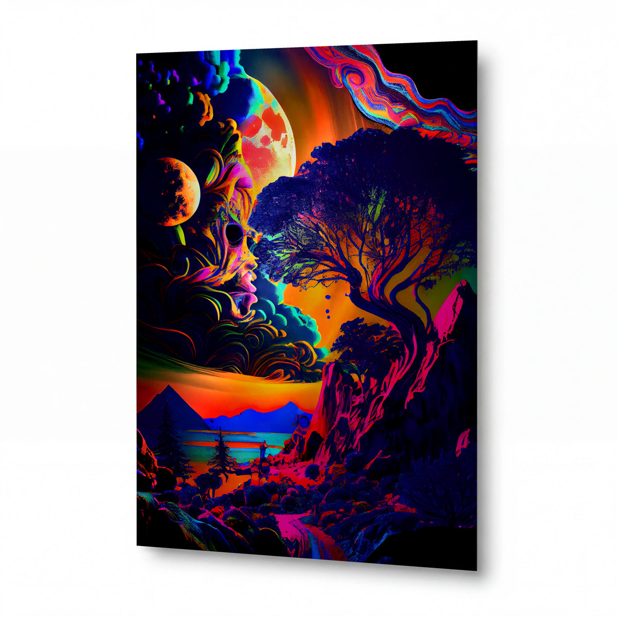 Obraz Psychedelická krajina s kosmickými stromy — kovový obraz na hliníkovém panelu s vysokým leskem