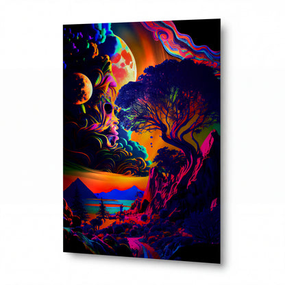 Obraz Psychedelická krajina s kosmickými stromy — kovový obraz na hliníkovém panelu s vysokým leskem