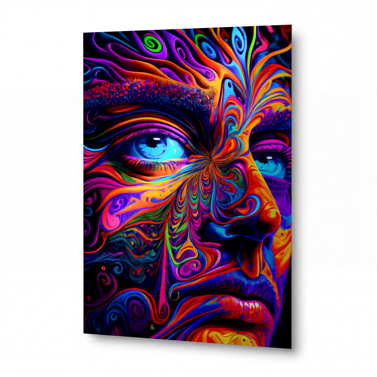 Obraz psychedelická tvář ve víru barevných spirál — kovový obraz na hliníkovém panelu s vysokým leskem