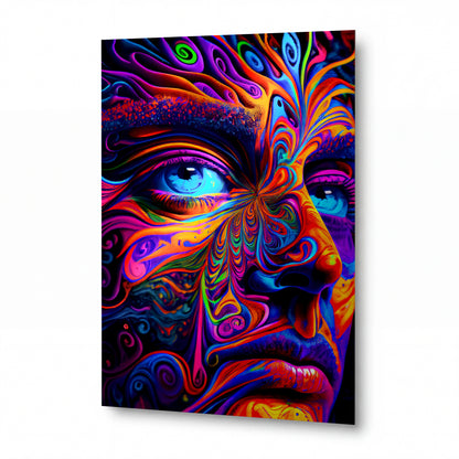Obraz psychedelická tvář ve víru barevných spirál — kovový obraz na hliníkovém panelu s vysokým leskem