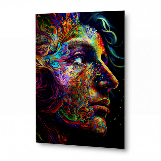 Obraz Psychedelický portrét s tekutými vlnami duhy — kovový obraz na hliníkovém panelu s vysokým leskem