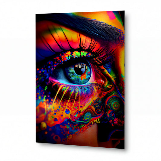 Obraz Duhový pohled s psychedelickým make-upem — kovový obraz na hliníkovém panelu s vysokým leskem