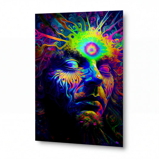 Obraz Psychedelické oko vědomí s duhovou korunou — kovový obraz na hliníkovém panelu s vysokým leskem