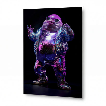 Obraz Tančící disco Buddha v třpytivém oděvu — kovový obraz na hliníkovém panelu s vysokým leskem