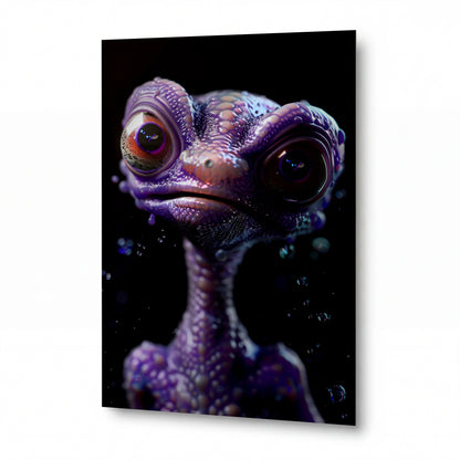 Obraz Fialový chameleon s hypnotickými očima — kovový obraz na hliníkovém panelu s vysokým leskem