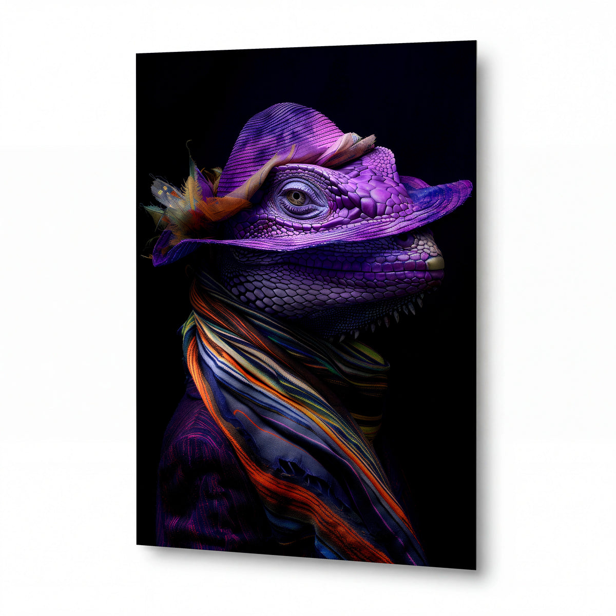 Obraz Chameleon v barevném klobouku — kovový obraz na hliníkovém panelu s vysokým leskem