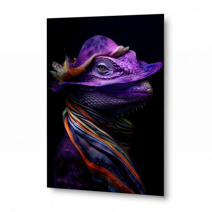Obraz Chameleon v barevném klobouku — kovový obraz na hliníkovém panelu s vysokým leskem