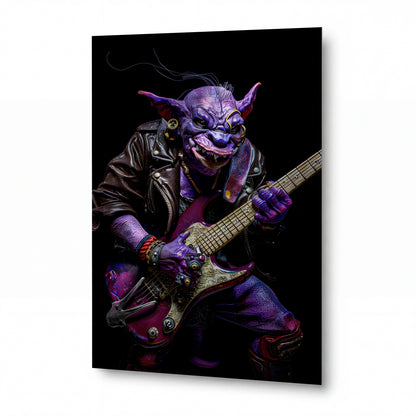 Obraz Fialový rockerský goblin s elektrickou kytarou — kovový obraz na hliníkovém panelu s vysokým leskem