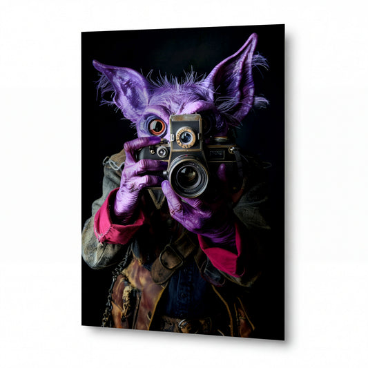 Obraz Fialový fotograf s vintage aparátem — kovový obraz na hliníkovém panelu s vysokým leskem