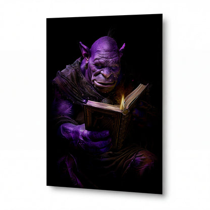 Obraz Fialový mudrc ponořený do magické knihy — kovový obraz na hliníkovém panelu s vysokým leskem