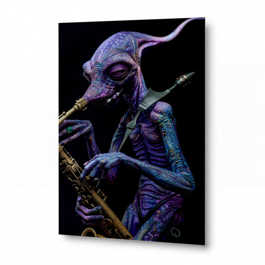 Obraz Fialový saxofonista z jiné galaxie — kovový obraz na hliníkovém panelu s vysokým leskem