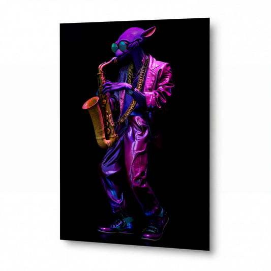 Obraz Jazzový saxofonista s fialovou kožešinou — kovový obraz na hliníkovém panelu s vysokým leskem
