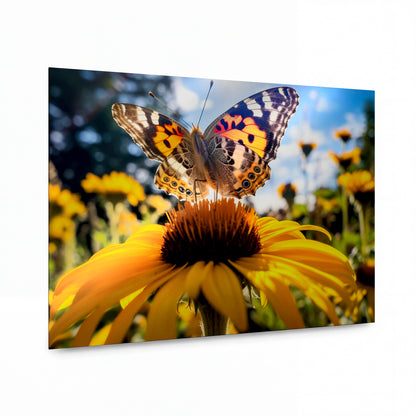 Obraz Babočka na slunečnici v zlatém světle — kovový obraz na hliníkovém panelu s vysokým leskem