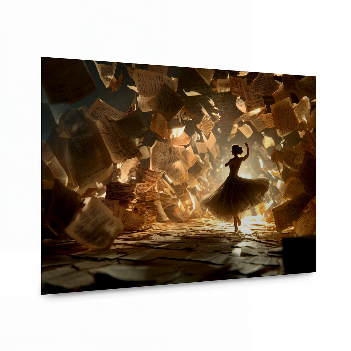 Obraz Tanec v papírovém vichru — kovový obraz na hliníkovém panelu s vysokým leskem