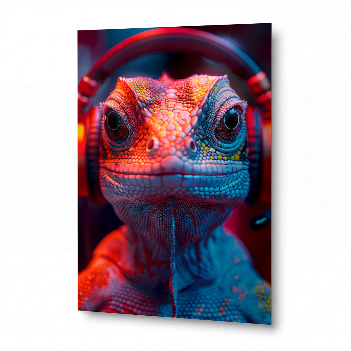 Obraz Chameleon s DJ sluchátky — kovový obraz na hliníkovém panelu s vysokým leskem