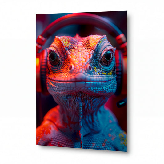Obraz Chameleon s DJ sluchátky — kovový obraz na hliníkovém panelu s vysokým leskem