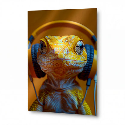 Obraz Chameleon v hudebním transu — kovový obraz na hliníkovém panelu s vysokým leskem
