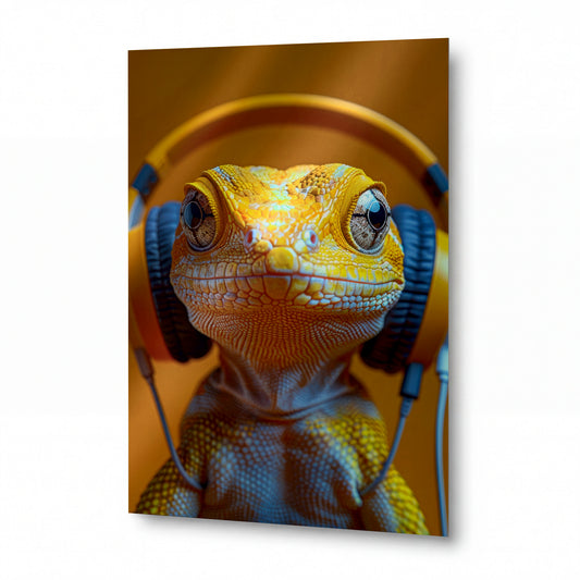 Obraz Chameleon v hudebním transu — kovový obraz na hliníkovém panelu s vysokým leskem
