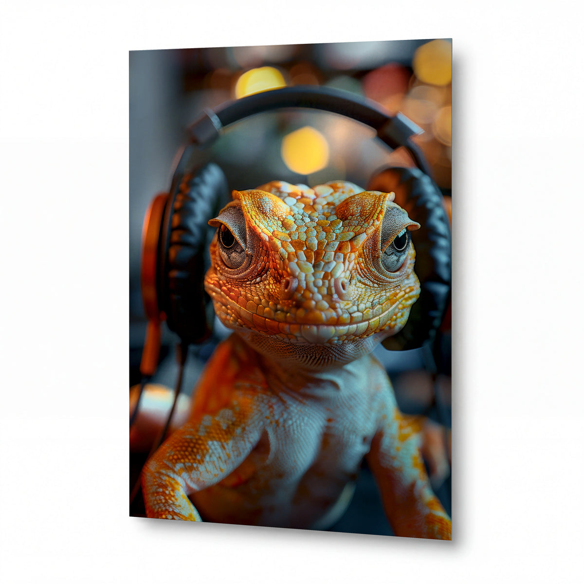 Obraz Chameleon s hudebními sluchátky — kovový obraz na hliníkovém panelu s vysokým leskem