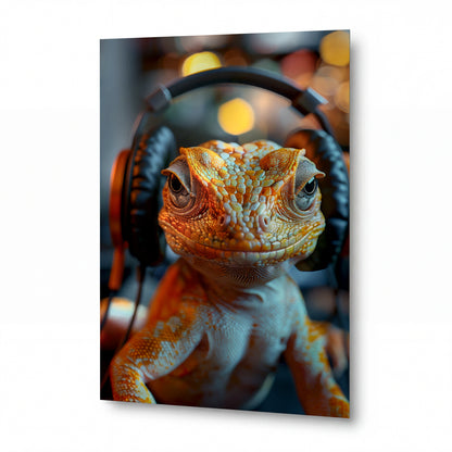Obraz Chameleon s hudebními sluchátky — kovový obraz na hliníkovém panelu s vysokým leskem