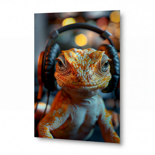 Obraz Chameleon s hudebními sluchátky — kovový obraz na hliníkovém panelu s vysokým leskem
