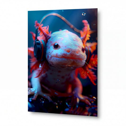Obraz Axolotl s červenými sluchátky ve vodním světle — kovový obraz na hliníkovém panelu s vysokým leskem