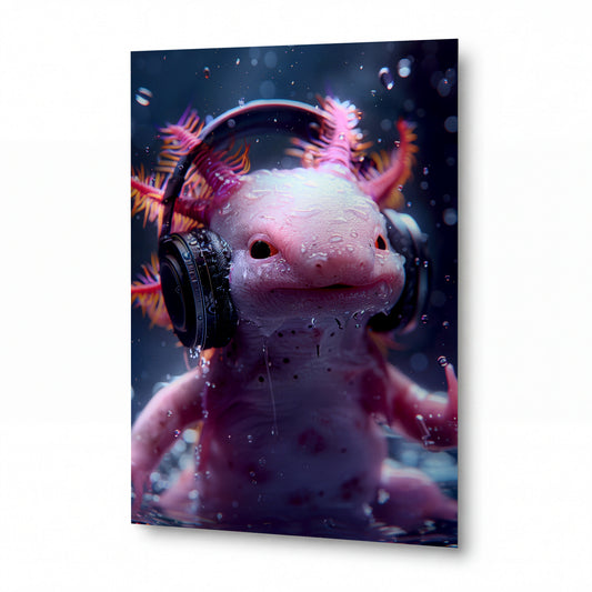 Obraz Růžový axolotl s sluchátky — kovový obraz na hliníkovém panelu s vysokým leskem