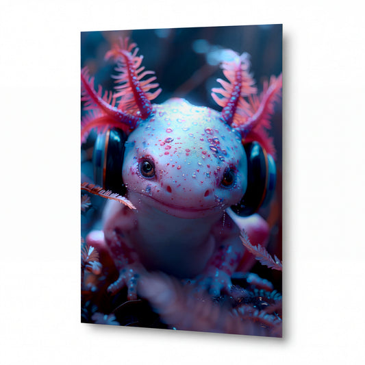 Obraz Axolotl s růžovými žábry v sluchátkách — kovový obraz na hliníkovém panelu s vysokým leskem