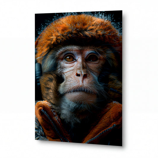 Obraz Orangutan v sluchátkách posypaný sněhem — kovový obraz na hliníkovém panelu s vysokým leskem