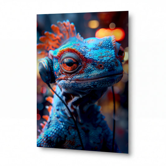 Obraz Chameleon s oranžovým okem v tyrkysových sluchátkách — kovový obraz na hliníkovém panelu s vysokým leskem
