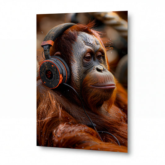 Obraz Orangutan DJ s oranžovými sluchátky — kovový obraz na hliníkovém panelu s vysokým leskem