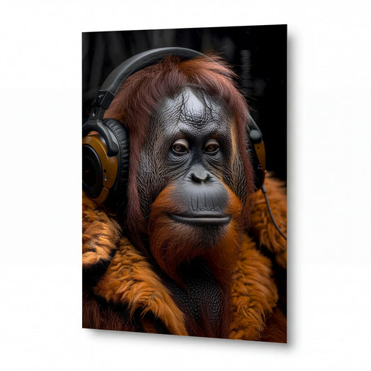 Obraz Orangutan s hudebními sluchátky — kovový obraz na hliníkovém panelu s vysokým leskem