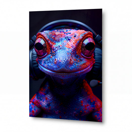 Obraz Chameleon v sluchátkách s barevnou kůží — kovový obraz na hliníkovém panelu s vysokým leskem