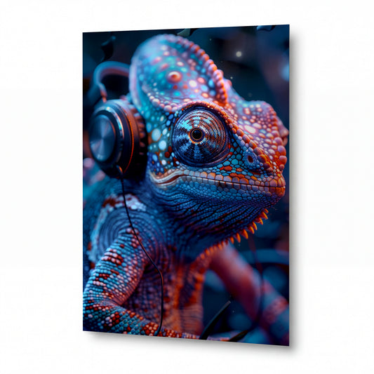 Obraz Chameleon v rytmu elektroniky — kovový obraz na hliníkovém panelu s vysokým leskem