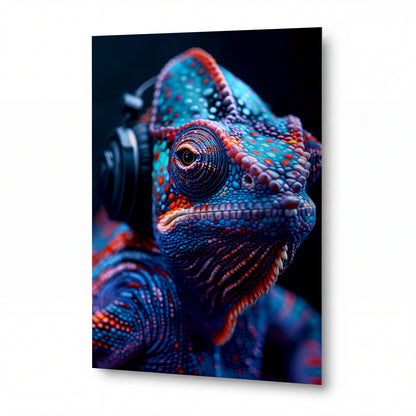 Obraz Chameleon hudebního vizionáře s drahokamovým šupinatým vzorem — kovový obraz na hliníkovém panelu s vysokým leskem