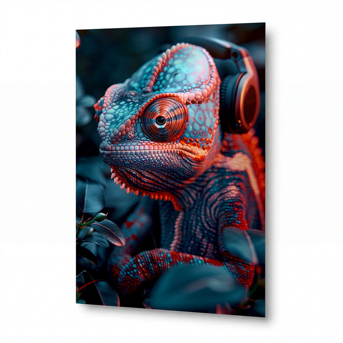 Obraz Chameleon v tyrkysových sluchátkech — kovový obraz na hliníkovém panelu s vysokým leskem