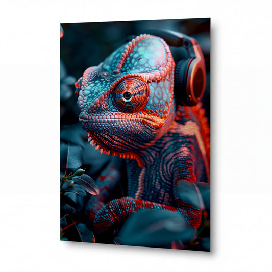 Obraz Chameleon v tyrkysových sluchátkech — kovový obraz na hliníkovém panelu s vysokým leskem