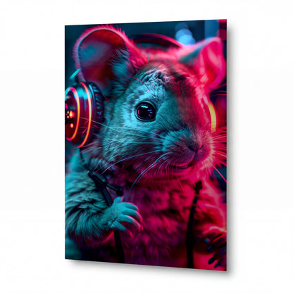 Obraz Chinchilla DJ v neonovém oparu — kovový obraz na hliníkovém panelu s vysokým leskem