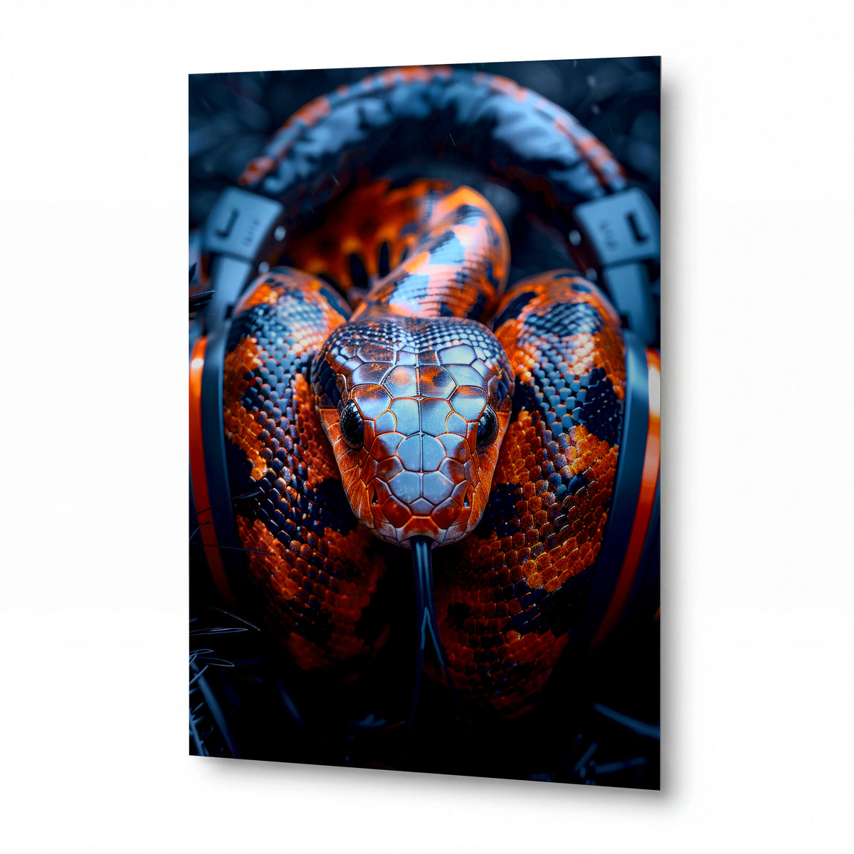 Obraz Oranžová kobra s DJ sluchátky — kovový obraz na hliníkovém panelu s vysokým leskem