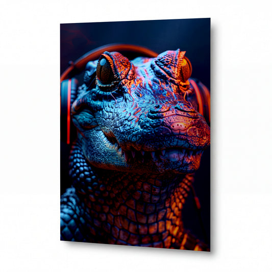 Obraz Chameleon v neonových sluchátkách — kovový obraz na hliníkovém panelu s vysokým leskem