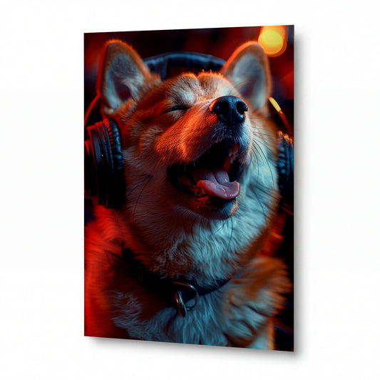 Obraz Shiba inu v nočních sluchátkách — kovový obraz na hliníkovém panelu s vysokým leskem