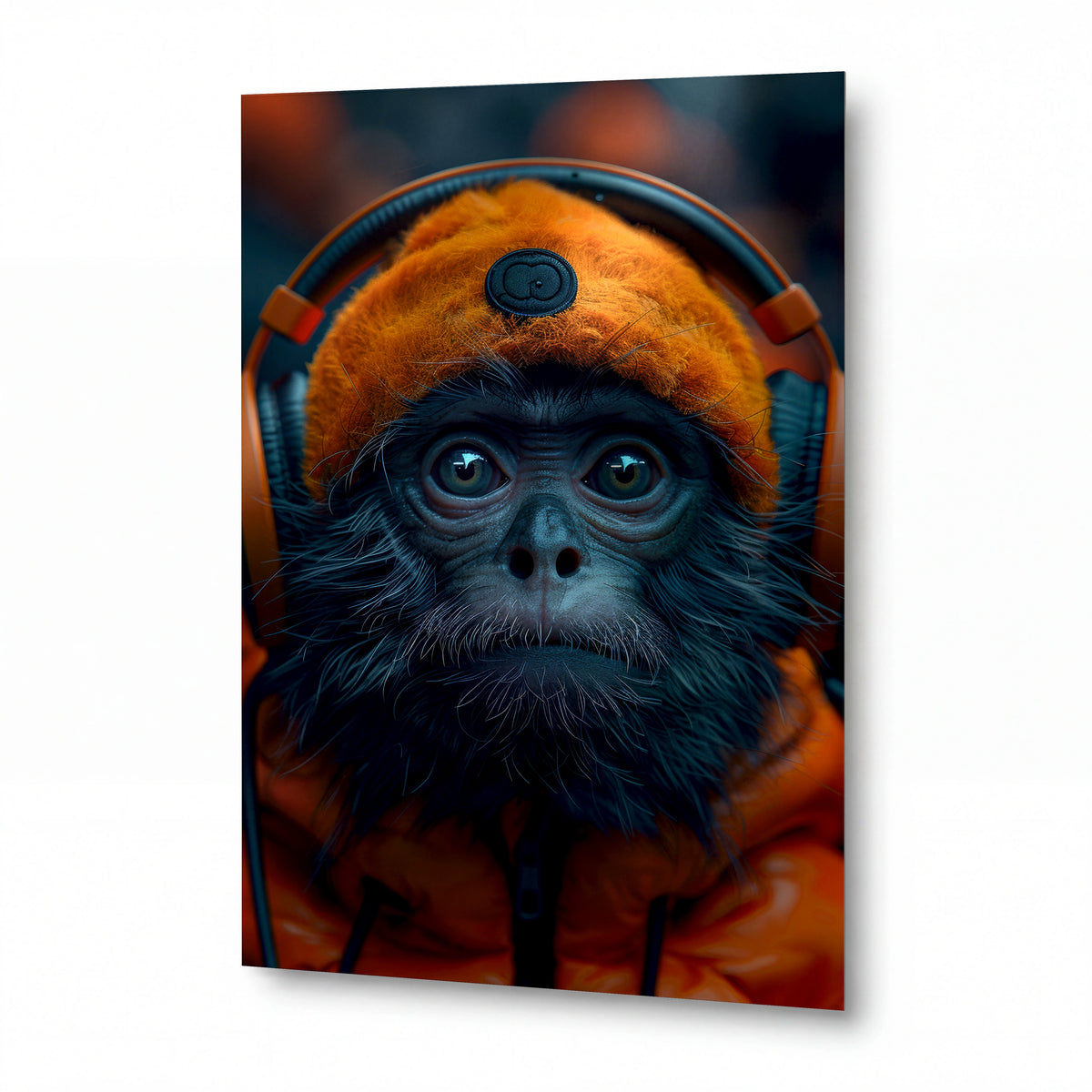 Obraz Orangutan se sluchátky v oranžovém vzhledu — kovový obraz na hliníkovém panelu s vysokým leskem
