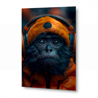 Obraz Orangutan se sluchátky v oranžovém vzhledu — kovový obraz na hliníkovém panelu s vysokým leskem