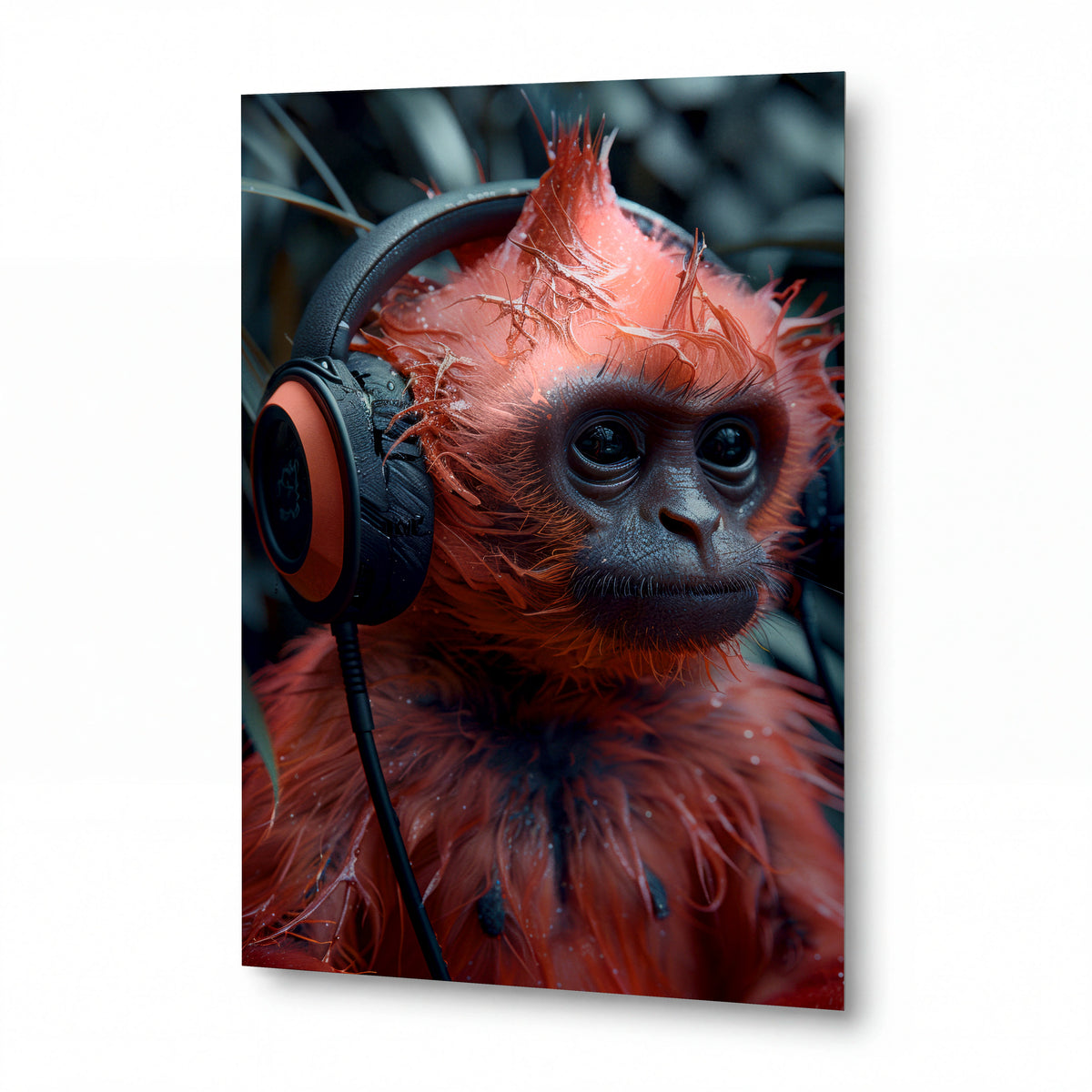 Obraz Orangutan s audiosety v mlžném lese — kovový obraz na hliníkovém panelu s vysokým leskem